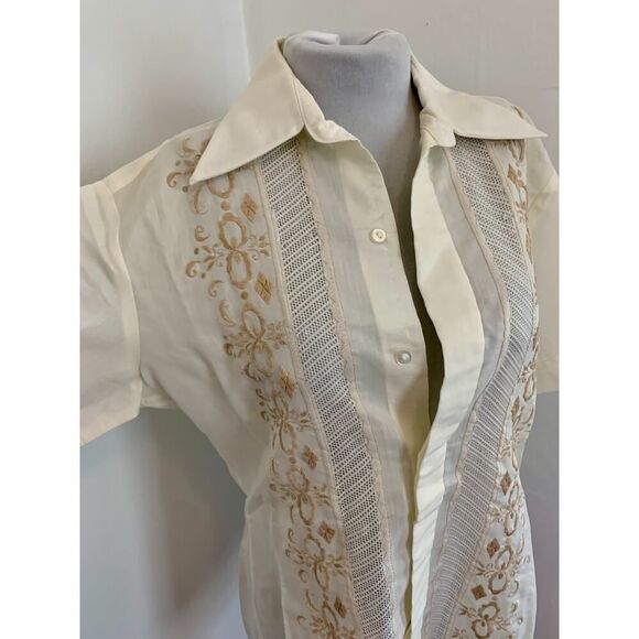 VTG Barong Tagalog Shirt Men’s SMALL Filipino Embroidered Ivory Button Shirt - Picture 4 of 12